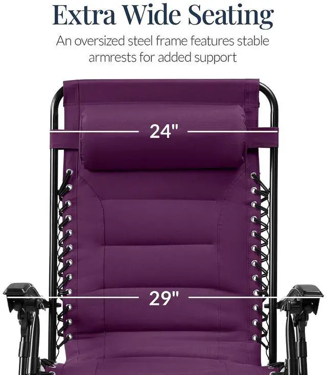 Alt view image 3 of 7 - Oversized Padded Zero Gravity Chair, Folding Outdoor Patio Recliner, XL Anti Gravity Lounger for Backyard w/Headrest, Cup Holder, Side Tray, Polyester Mesh - Amethyst Purple