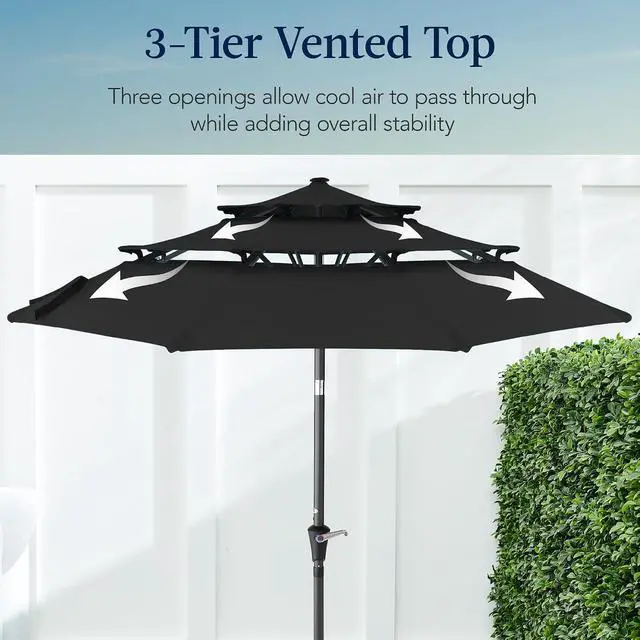 Alt view image 3 of 7 - 10ft 3-Tier Market Patio Umbrella, Outdoor Sun Shade with Tilt, Crank Lift, 8 Ribs for Backyard, Deck, Poolside Black