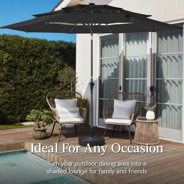 Alt view image 4 of 7 - 10ft 3-Tier Market Patio Umbrella, Outdoor Sun Shade with Tilt, Crank Lift, 8 Ribs for Backyard, Deck, Poolside Black