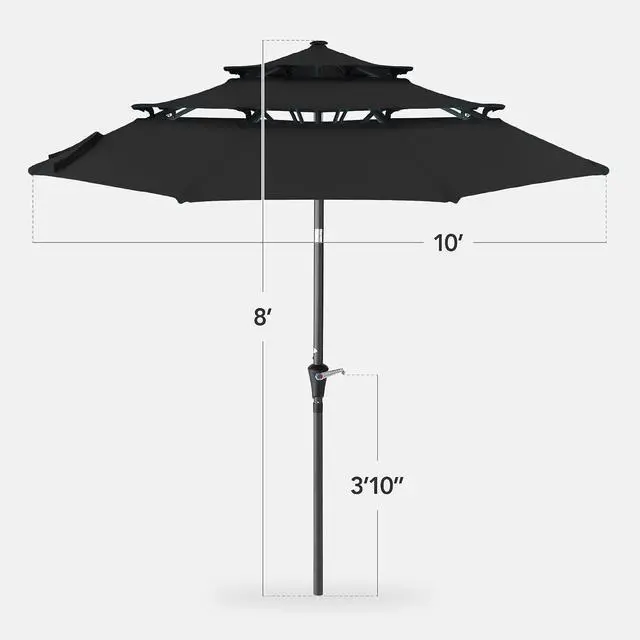 Alt view image 2 of 7 - 10ft 3-Tier Market Patio Umbrella, Outdoor Sun Shade with Tilt, Crank Lift, 8 Ribs for Backyard, Deck, Poolside Black