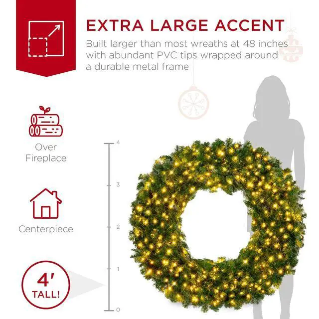 Alt view image 3 of 7 - 48in Large Artificial Pre-Lit Fir Christmas Wreath Holiday Accent Decoration w/ 200 LED Lights, 714 PVC Tips