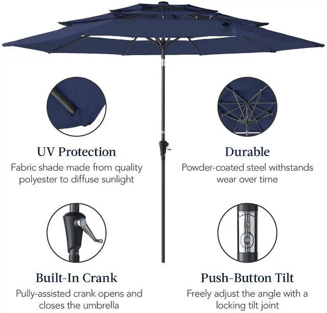 Alt view image 6 of 7 - 10ft 3-Tier Market Patio Umbrella, Outdoor Sun Shade with Tilt, Crank Lift, 8 Ribs for Backyard, Deck, Poolside Navy Blue