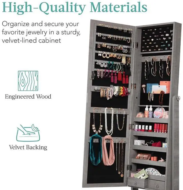 Alt view image 5 of 7 - Freestanding Jewelry Armoire Cabinet, Full Length Standing Mirror, Lockable Makeup Storage Organizer, w/Velvet Lining, 3 Angles, Lock, Accessory Pouch, 5 Shelves - Gray Oak