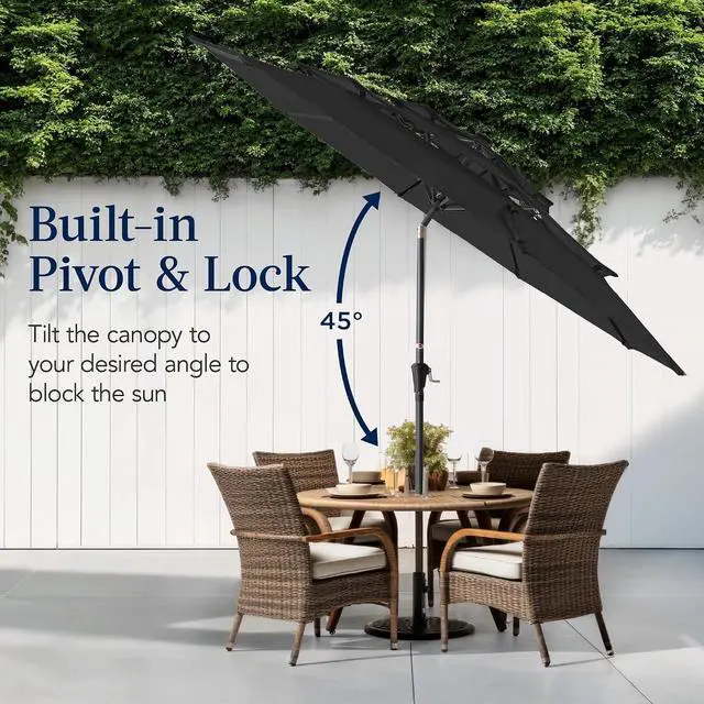 Alt view image 5 of 7 - 10ft 3-Tier Market Patio Umbrella, Outdoor Sun Shade with Tilt, Crank Lift, 8 Ribs for Backyard, Deck, Poolside Black