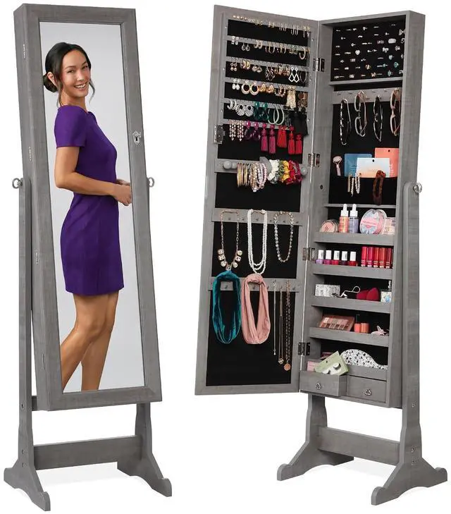 Main image of Freestanding Jewelry Armoire Cabinet, Full Length Standing Mirror, Lockable Makeup Storage Organizer, w/Velvet Lining, 3 Angles, Lock, Accessory Pouch, 5 Shelves - Gray Oak