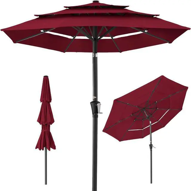 Main image of 10ft 3-Tier Market Patio Umbrella, Outdoor Sun Shade with Tilt, Crank Lift, 8 Ribs for Backyard, Deck, Poolside Burgundy