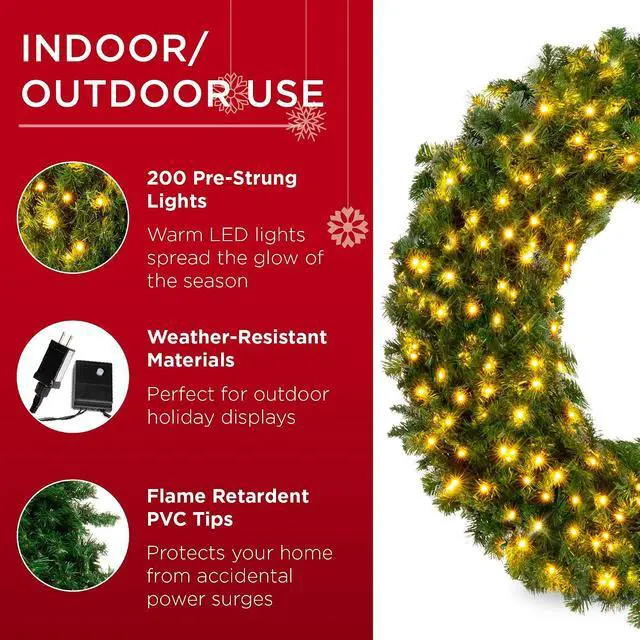 Alt view image 4 of 7 - 48in Large Artificial Pre-Lit Fir Christmas Wreath Holiday Accent Decoration w/ 200 LED Lights, 714 PVC Tips