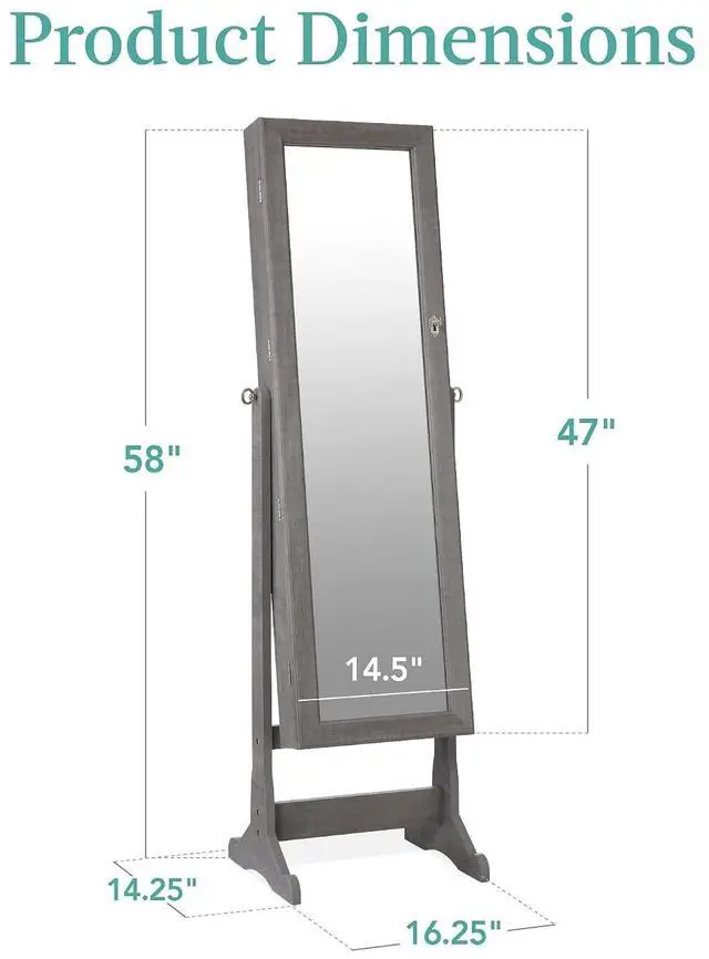 Alt view image 7 of 7 - Freestanding Jewelry Armoire Cabinet, Full Length Standing Mirror, Lockable Makeup Storage Organizer, w/Velvet Lining, 3 Angles, Lock, Accessory Pouch, 5 Shelves - Gray Oak
