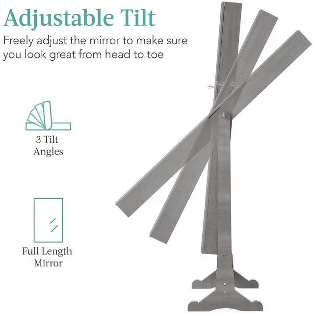 Alt view image 3 of 7 - Freestanding Jewelry Armoire Cabinet, Full Length Standing Mirror, Lockable Makeup Storage Organizer, w/Velvet Lining, 3 Angles, Lock, Accessory Pouch, 5 Shelves - Gray Oak