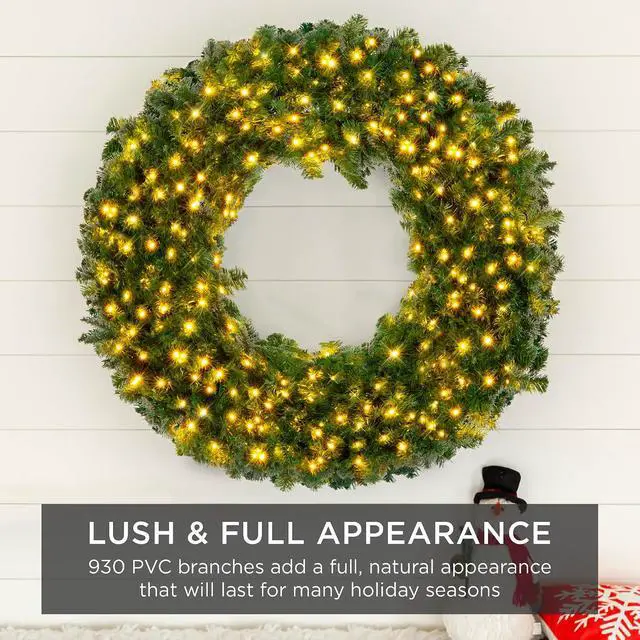 Alt view image 6 of 7 - 48in Large Artificial Pre-Lit Fir Christmas Wreath Holiday Accent Decoration w/ 200 LED Lights, 714 PVC Tips