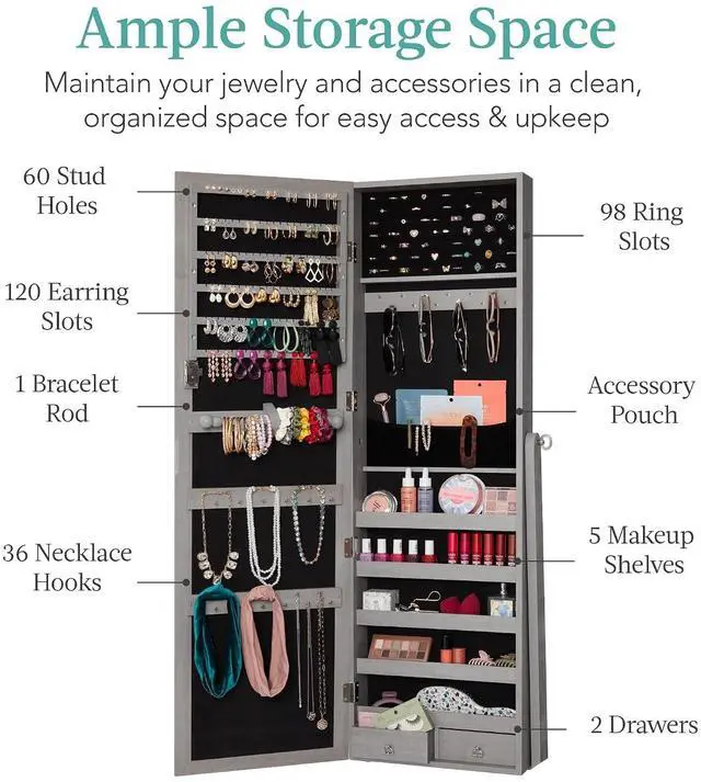 Alt view image 2 of 7 - Freestanding Jewelry Armoire Cabinet, Full Length Standing Mirror, Lockable Makeup Storage Organizer, w/Velvet Lining, 3 Angles, Lock, Accessory Pouch, 5 Shelves - Gray Oak