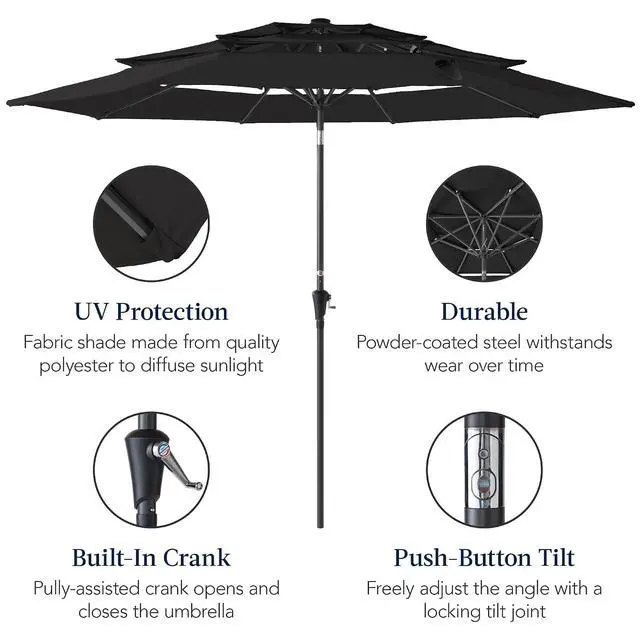 Alt view image 6 of 7 - 10ft 3-Tier Market Patio Umbrella, Outdoor Sun Shade with Tilt, Crank Lift, 8 Ribs for Backyard, Deck, Poolside Black