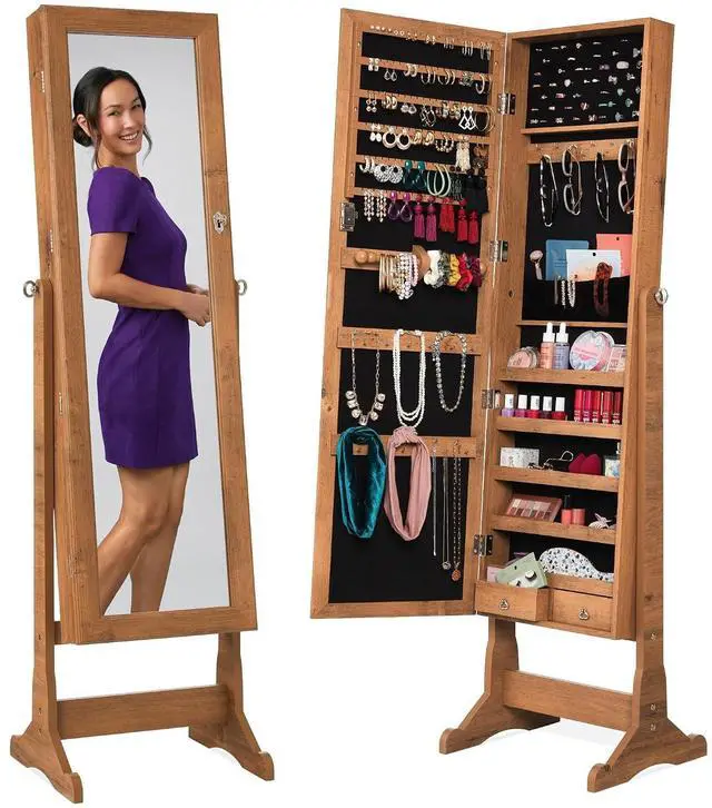 Main image of Freestanding Jewelry Armoire Cabinet, Full Length Standing Mirror, Lockable Makeup Storage Organizer, w/Velvet Lining, 3 Angles, Lock, Accessory Pouch, 5 Shelves - Rustic Brown
