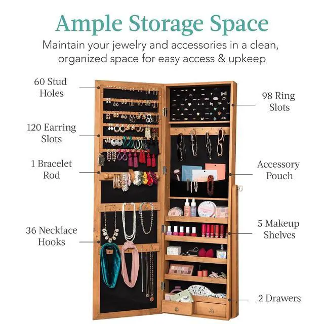 Alt view image 2 of 7 - Freestanding Jewelry Armoire Cabinet, Full Length Standing Mirror, Lockable Makeup Storage Organizer, w/Velvet Lining, 3 Angles, Lock, Accessory Pouch, 5 Shelves - Rustic Brown
