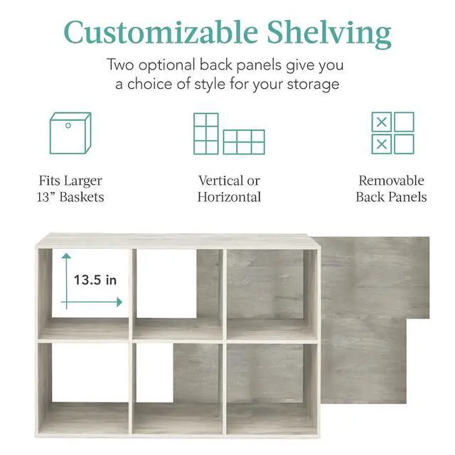 Alt view image 3 of 7 - Best Choice Products 6-Cube Storage Organizer, 13.5in Shelf Opening, Bookcase, Display Shelf, Customizable w/ 3 Removable Back Panels Whitewash