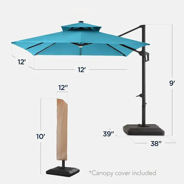 Alt view image 2 of 7 - 12x12ft LED Cantilever Patio Umbrella w/Base Included & 360° Rotation, Large Solar Offset Hanging Outdoor Sun Shade for Deck, Backyard Table w/Stand & Lights Sky Blue