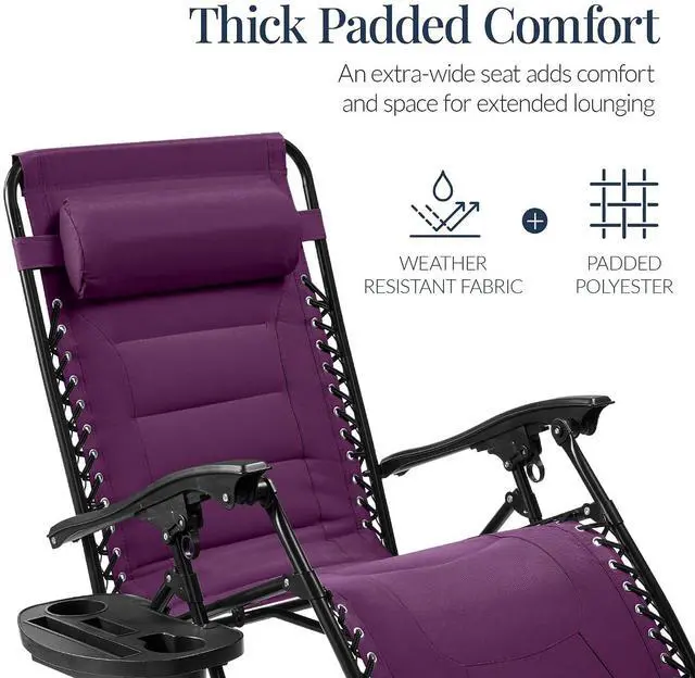 Alt view image 4 of 7 - Oversized Padded Zero Gravity Chair, Folding Outdoor Patio Recliner, XL Anti Gravity Lounger for Backyard w/Headrest, Cup Holder, Side Tray, Polyester Mesh - Amethyst Purple