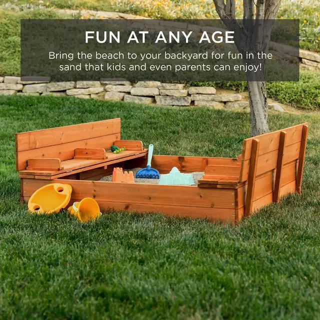 Alt view image 6 of 7 - Best Choice Products Large Outdoor Wooden Sand Box for Kids, Sandbox with Cover, Bench Seats Support up to 220 lbs, Bottom Liner for Drainage, Cedar Wood - Brown