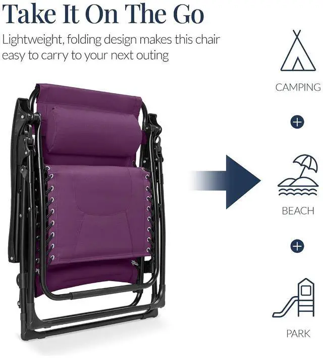 Alt view image 5 of 7 - Oversized Padded Zero Gravity Chair, Folding Outdoor Patio Recliner, XL Anti Gravity Lounger for Backyard w/Headrest, Cup Holder, Side Tray, Polyester Mesh - Amethyst Purple