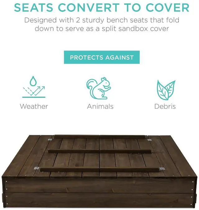 Alt view image 3 of 7 - Best Choice Products Large Outdoor Wooden Sand Box for Kids, Sandbox with Cover, Bench Seats Support up to 220 lbs, Bottom Liner for Drainage, Cedar Wood - Espresso