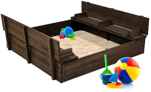 Main image of Best Choice Products Large Outdoor Wooden Sand Box for Kids, Sandbox with Cover, Bench Seats Support up to 220 lbs, Bottom Liner for Drainage, Cedar Wood - Espresso