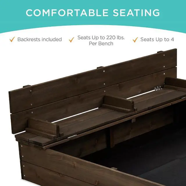 Alt view image 2 of 7 - Best Choice Products Large Outdoor Wooden Sand Box for Kids, Sandbox with Cover, Bench Seats Support up to 220 lbs, Bottom Liner for Drainage, Cedar Wood - Espresso
