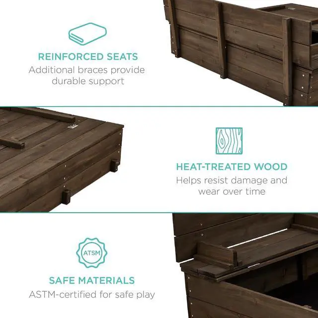 Alt view image 4 of 7 - Best Choice Products Large Outdoor Wooden Sand Box for Kids, Sandbox with Cover, Bench Seats Support up to 220 lbs, Bottom Liner for Drainage, Cedar Wood - Espresso