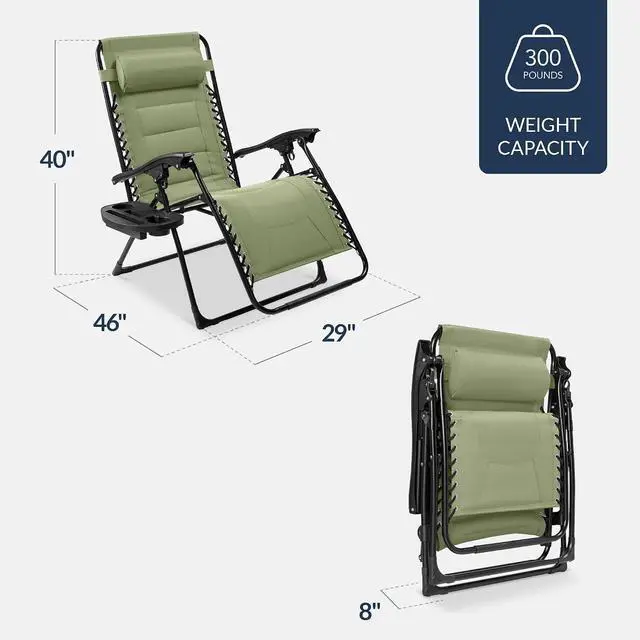Alt view image 2 of 7 - Oversized Padded Zero Gravity Chair, Folding Outdoor Patio Recliner, XL Anti Gravity Lounger for Backyard w/Headrest, Cup Holder, Side Tray, Polyester Mesh - Sage Green