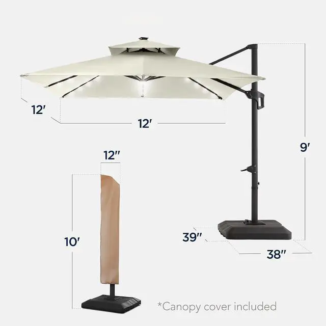 Alt view image 2 of 7 - 12x12ft LED Cantilever Patio Umbrella w/Base Included & 360° Rotation, Large Solar Offset Hanging Outdoor Sun Shade for Deck, Backyard Table w/Stand & Lights Ivory