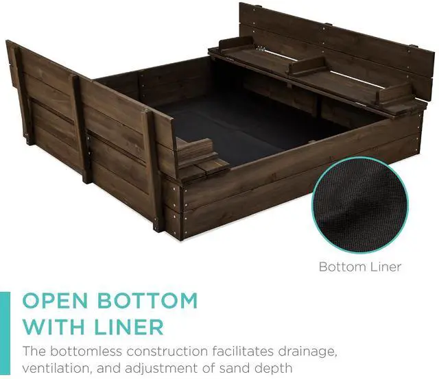 Alt view image 5 of 7 - Best Choice Products Large Outdoor Wooden Sand Box for Kids, Sandbox with Cover, Bench Seats Support up to 220 lbs, Bottom Liner for Drainage, Cedar Wood - Espresso