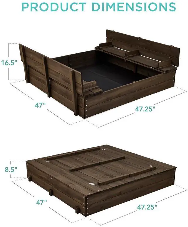 Alt view image 7 of 7 - Best Choice Products Large Outdoor Wooden Sand Box for Kids, Sandbox with Cover, Bench Seats Support up to 220 lbs, Bottom Liner for Drainage, Cedar Wood - Espresso