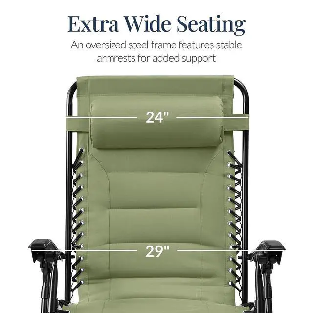Alt view image 3 of 7 - Oversized Padded Zero Gravity Chair, Folding Outdoor Patio Recliner, XL Anti Gravity Lounger for Backyard w/Headrest, Cup Holder, Side Tray, Polyester Mesh - Sage Green