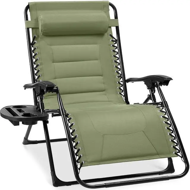 Main image of Oversized Padded Zero Gravity Chair, Folding Outdoor Patio Recliner, XL Anti Gravity Lounger for Backyard w/Headrest, Cup Holder, Side Tray, Polyester Mesh - Sage Green