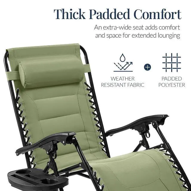 Alt view image 4 of 7 - Oversized Padded Zero Gravity Chair, Folding Outdoor Patio Recliner, XL Anti Gravity Lounger for Backyard w/Headrest, Cup Holder, Side Tray, Polyester Mesh - Sage Green