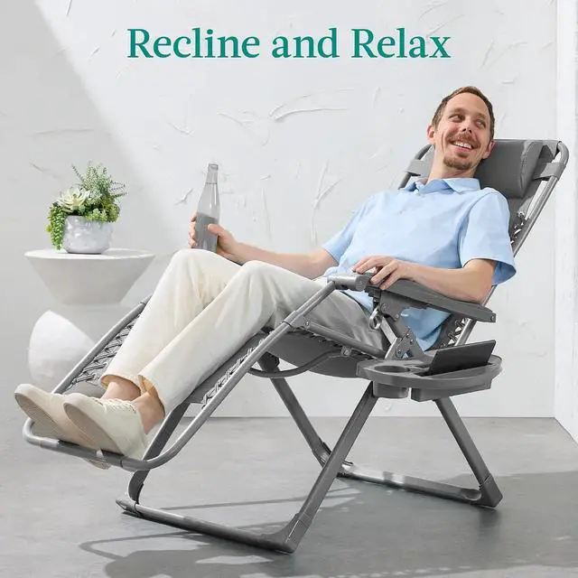 Alt view image 4 of 7 - Adjustable Zero Gravity Chair, Monochromatic Color Folding Patio Recliner w/Side Tray, Headrest - Dove Gray