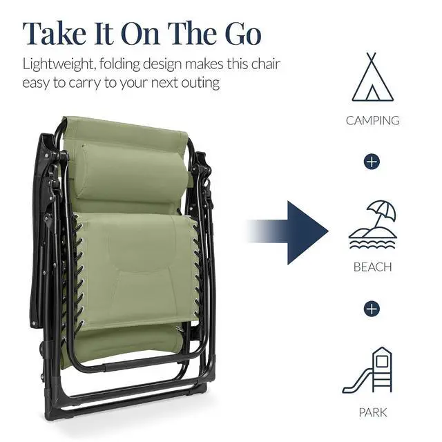 Alt view image 5 of 7 - Oversized Padded Zero Gravity Chair, Folding Outdoor Patio Recliner, XL Anti Gravity Lounger for Backyard w/Headrest, Cup Holder, Side Tray, Polyester Mesh - Sage Green