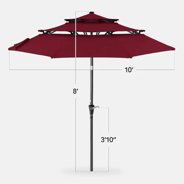 Alt view image 2 of 7 - 10ft 3-Tier Market Patio Umbrella, Outdoor Sun Shade with Tilt, Crank Lift, 8 Ribs for Backyard, Deck, Poolside Burgundy
