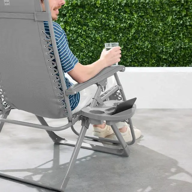 Alt view image 5 of 7 - Adjustable Zero Gravity Chair, Monochromatic Color Folding Patio Recliner w/Side Tray, Headrest - Dove Gray