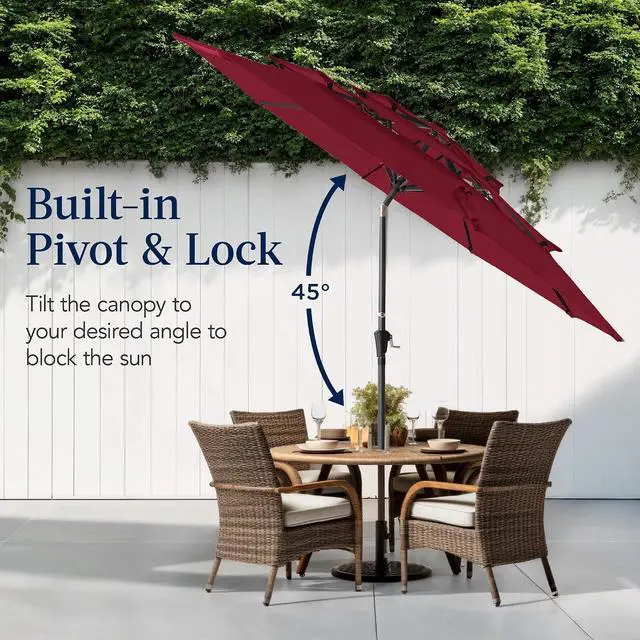 Alt view image 5 of 7 - 10ft 3-Tier Market Patio Umbrella, Outdoor Sun Shade with Tilt, Crank Lift, 8 Ribs for Backyard, Deck, Poolside Burgundy