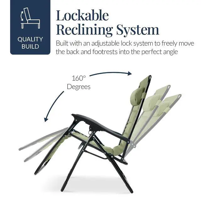Alt view image 7 of 7 - Oversized Padded Zero Gravity Chair, Folding Outdoor Patio Recliner, XL Anti Gravity Lounger for Backyard w/Headrest, Cup Holder, Side Tray, Polyester Mesh - Sage Green