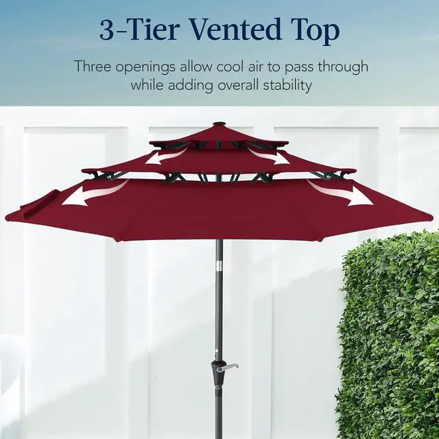 Alt view image 3 of 7 - 10ft 3-Tier Market Patio Umbrella, Outdoor Sun Shade with Tilt, Crank Lift, 8 Ribs for Backyard, Deck, Poolside Burgundy