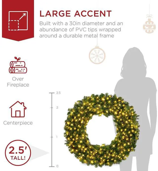 Alt view image 4 of 7 - 30in Large Artificial Pre-Lit Fir Christmas Wreath Holiday Accent Decoration w/ 100 LED Lights, 220 PVC Tips