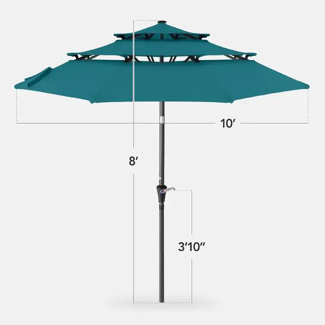 Alt view image 2 of 7 - 10ft 3-Tier Market Patio Umbrella, Outdoor Sun Shade with Tilt, Crank Lift, 8 Ribs for Backyard, Deck, Poolside Cerulean