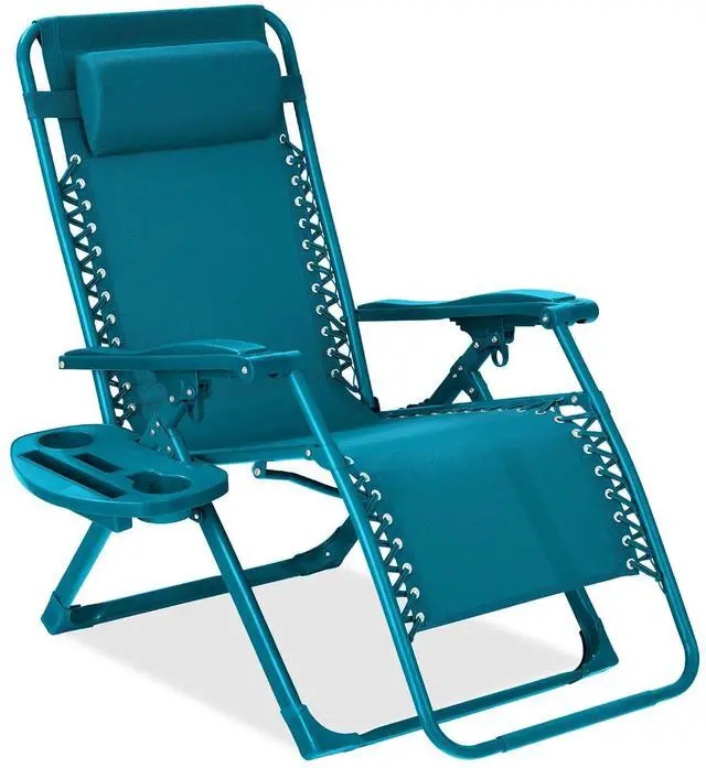 Main image of Adjustable Zero Gravity Chair, Monochromatic Color Folding Patio Recliner w/Side Tray, Headrest - Peacock