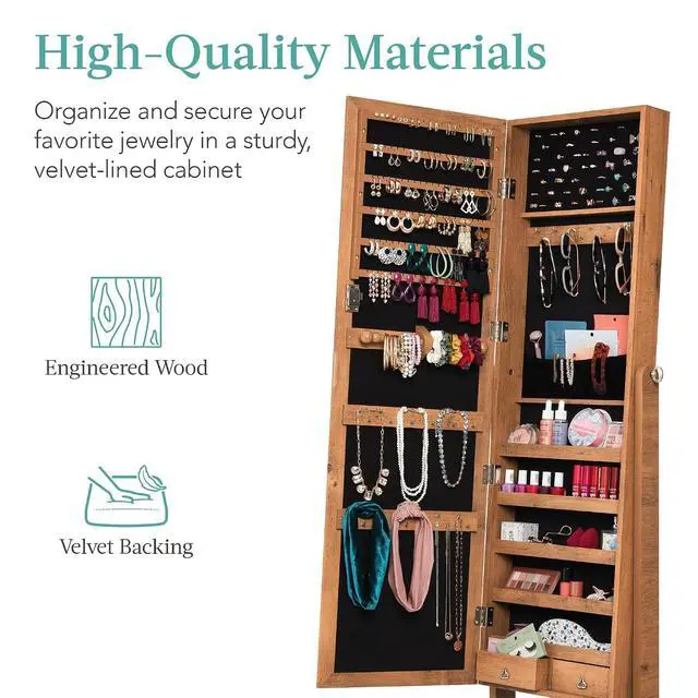 Alt view image 5 of 7 - Freestanding Jewelry Armoire Cabinet, Full Length Standing Mirror, Lockable Makeup Storage Organizer, w/Velvet Lining, 3 Angles, Lock, Accessory Pouch, 5 Shelves - Rustic Brown