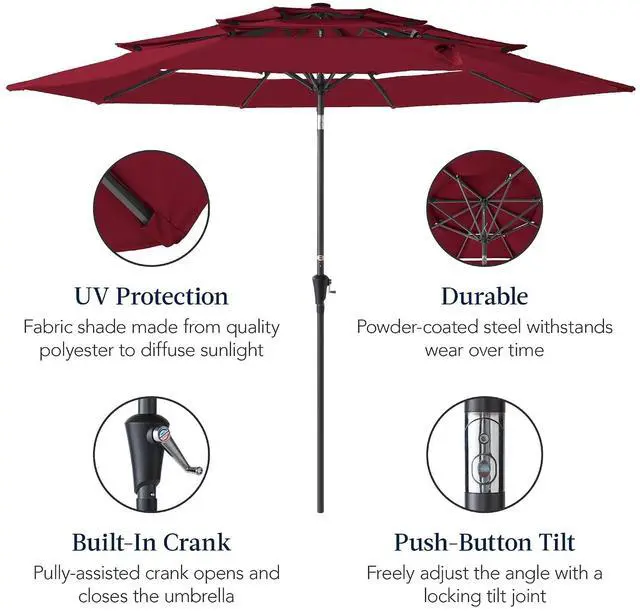 Alt view image 6 of 7 - 10ft 3-Tier Market Patio Umbrella, Outdoor Sun Shade with Tilt, Crank Lift, 8 Ribs for Backyard, Deck, Poolside Burgundy