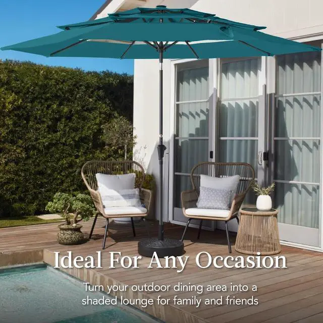 Alt view image 4 of 7 - 10ft 3-Tier Market Patio Umbrella, Outdoor Sun Shade with Tilt, Crank Lift, 8 Ribs for Backyard, Deck, Poolside Cerulean