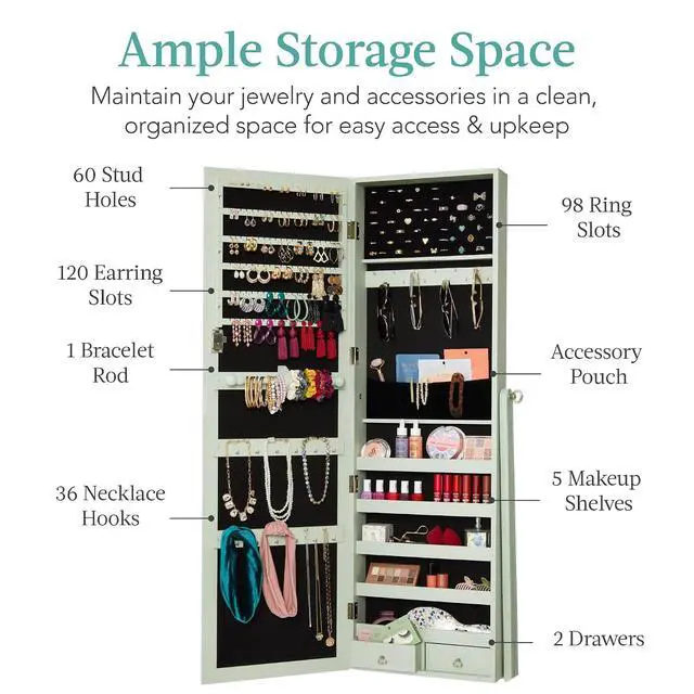 Alt view image 2 of 7 - Freestanding Jewelry Armoire Cabinet, Full Length Standing Mirror, Lockable Makeup Storage Organizer, w/Velvet Lining, 3 Angles, Lock, Accessory Pouch, 5 Shelves - Sage