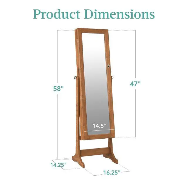 Alt view image 7 of 7 - Freestanding Jewelry Armoire Cabinet, Full Length Standing Mirror, Lockable Makeup Storage Organizer, w/Velvet Lining, 3 Angles, Lock, Accessory Pouch, 5 Shelves - Rustic Brown