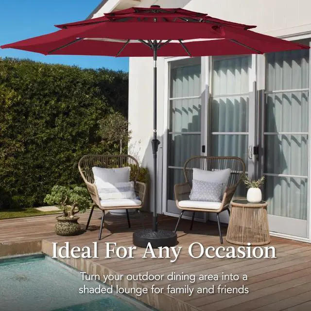 Alt view image 4 of 7 - 10ft 3-Tier Market Patio Umbrella, Outdoor Sun Shade with Tilt, Crank Lift, 8 Ribs for Backyard, Deck, Poolside Burgundy